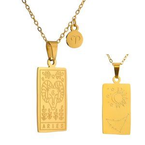 NEW 18K Gold Plated Aries Sign Zodiac Tarot Card Square Pendant Necklace